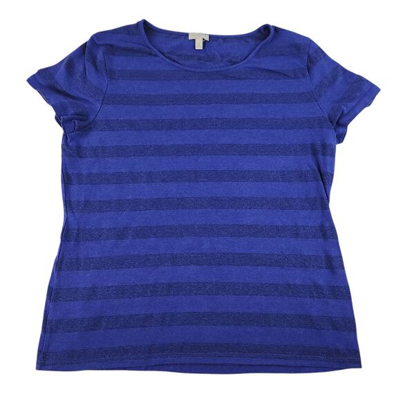 Blue Striped Shirt Womens PM Medium Petite Horizontal Sparkly Shimmer Cap Sleeve - Picture 2 of 12